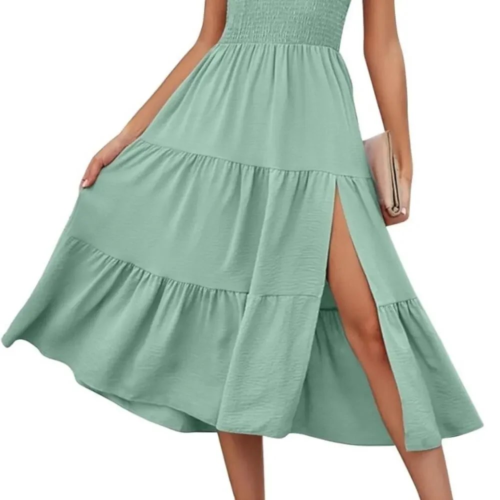 Merokeety One Shoulder Smocked Top Tiered Midi Dress with Front Slit in Sage XL - Picture 1 of 6